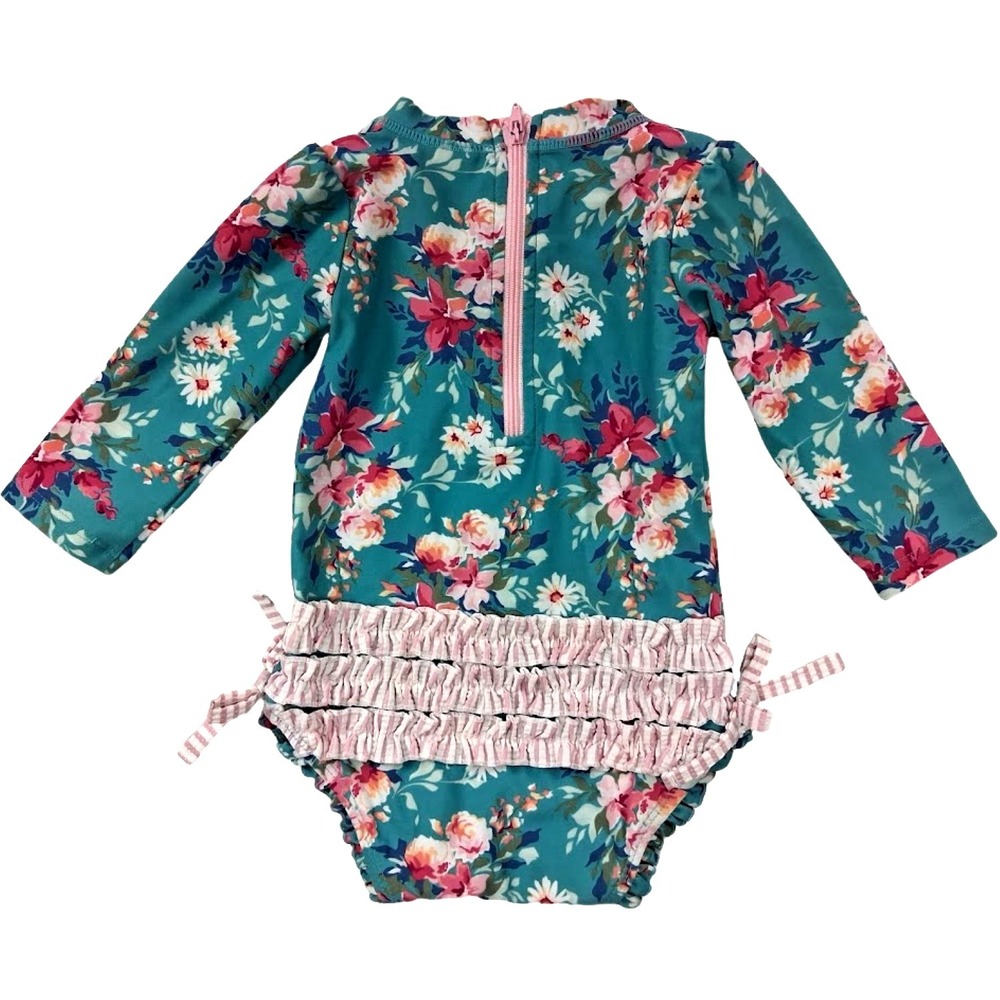 Ruffle Butts Baby Girl 6 9 12 Mos Long Sleeve Floral Swimsuit Rash Guard 1pc